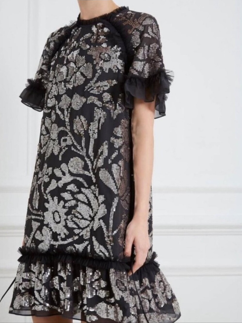 Needle & Thread Sequin Dress Tunic Black Silver Tulle Ruffle Formal Party Glam S